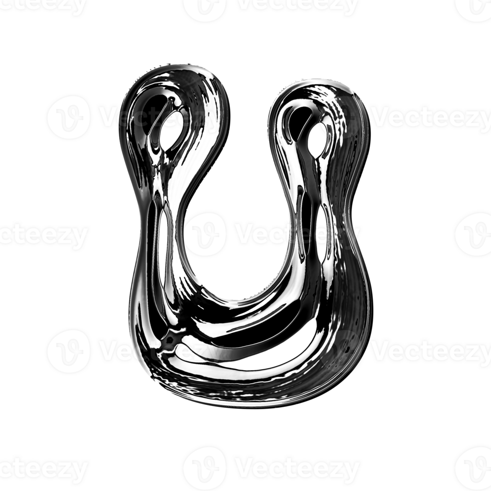 U alphabet with y2k liquid metallic chrome effect png