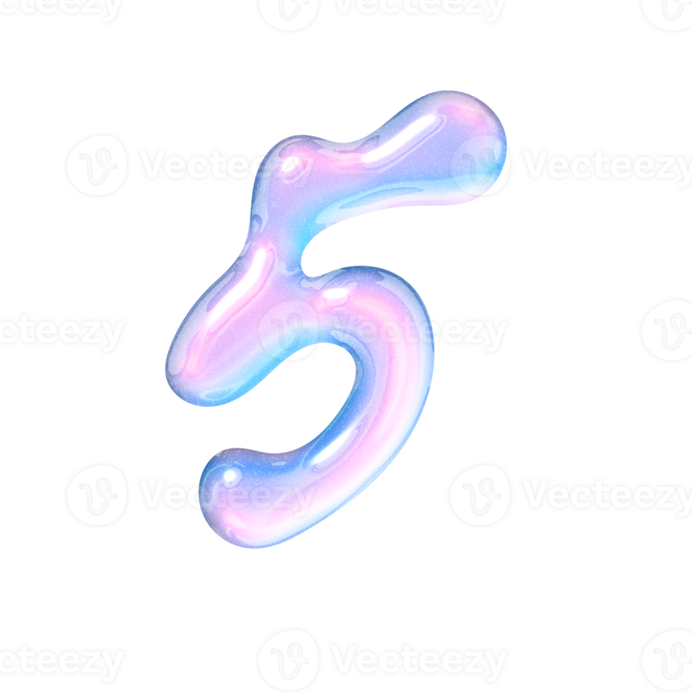 Five number alphabet with y2k liquid pastel hologram chrome effect png