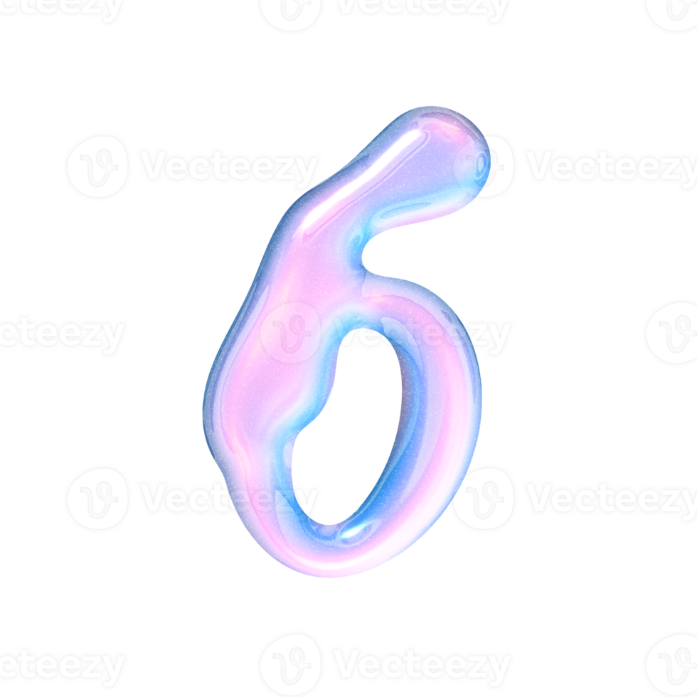 Six number alphabet with y2k liquid pastel hologram chrome effect png