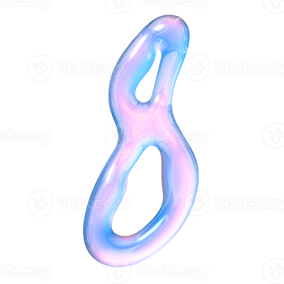 Eight number alphabet with y2k liquid pastel hologram chrome effect png
