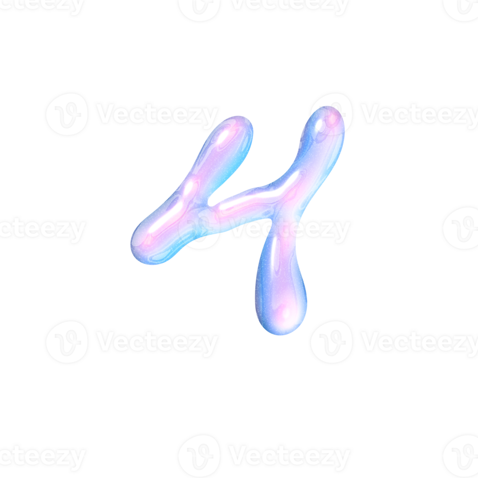 Four number alphabet with y2k liquid pastel hologram chrome effect png