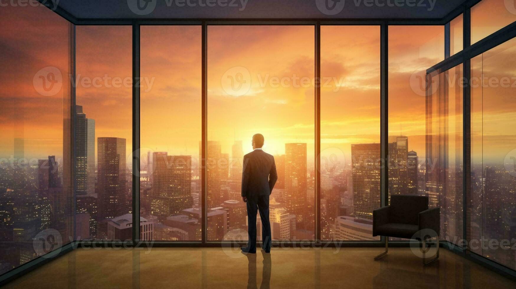 Business man standing in the office looking out of the window at sunset sky. AI Generative. photo