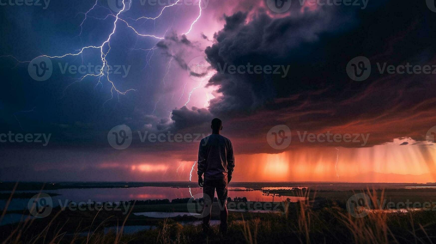 Man standing with his back looking at the colorful lightning thunderstorm sky with many clouds reaching lightning. Generative AI. photo