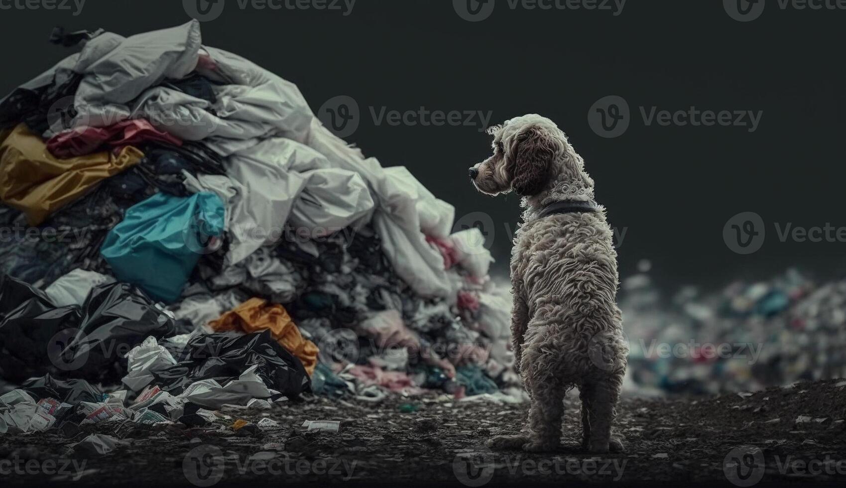 A dog in stands near a pile of plastic. . photo