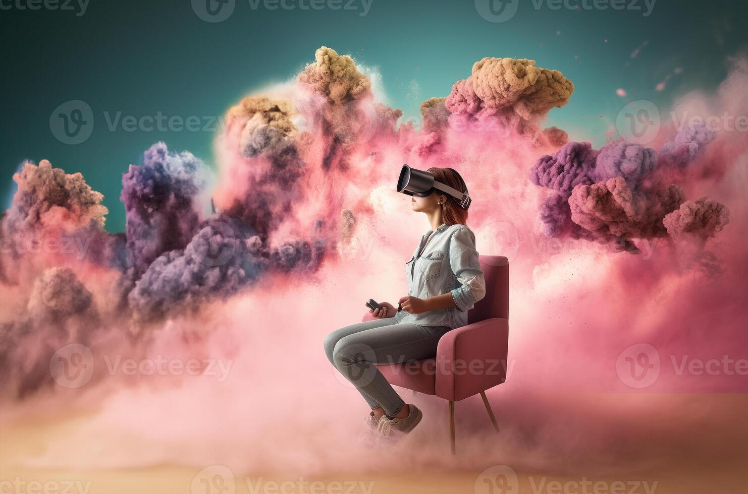 Beautiful happy young woman using virtual reality VR headset in virtual reality glasses, game, future technology concept. . photo