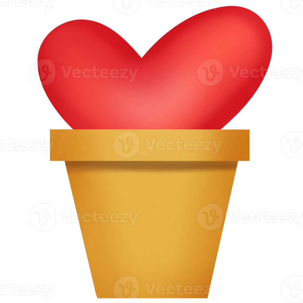 Drawing of red heart in flower pot isolated on transparent background for usage as an illustration, love and Valentine's day concept png