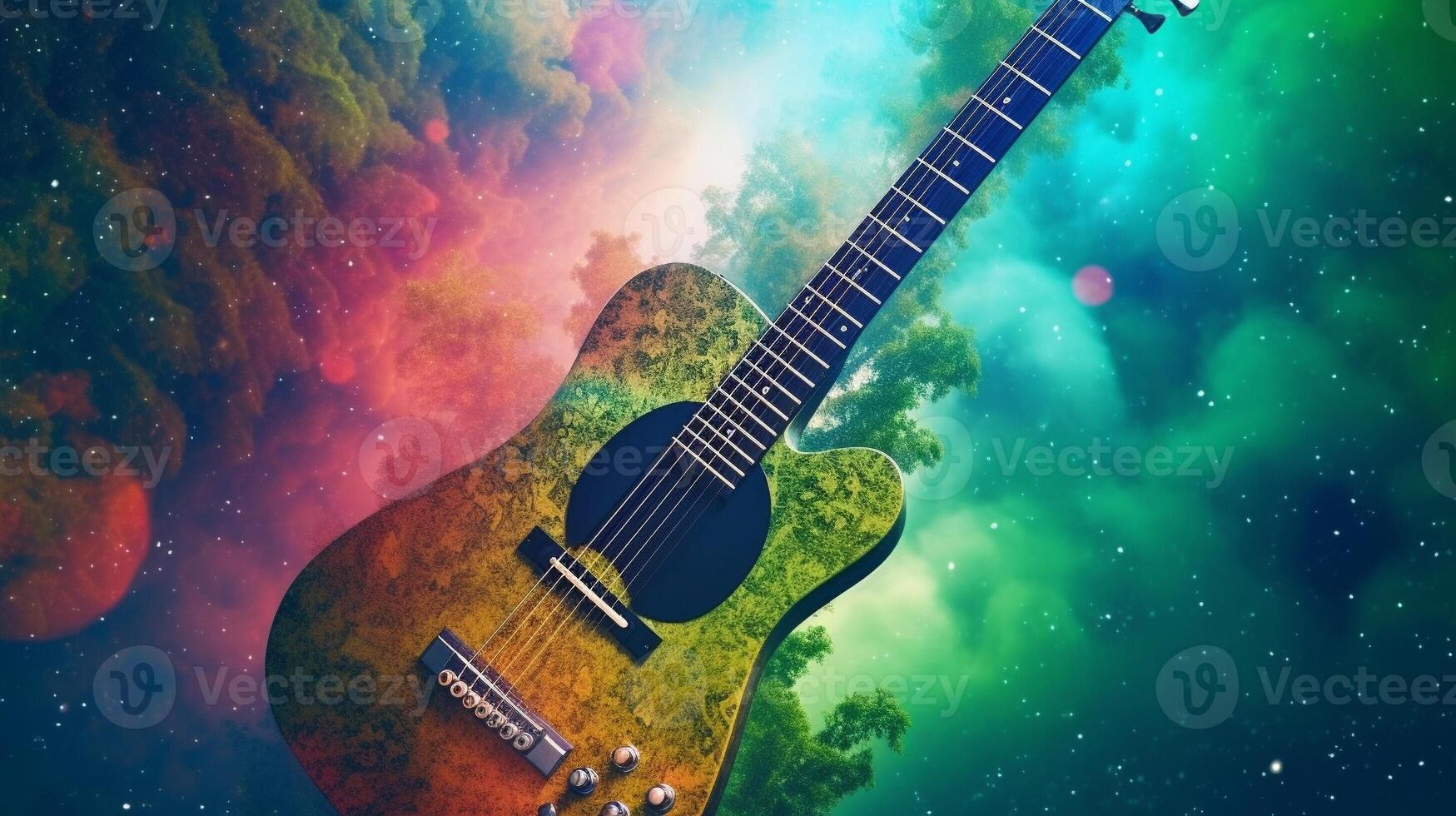 Fantasy electric guitar, Creative explosion on beautiful background. AI Generative. photo