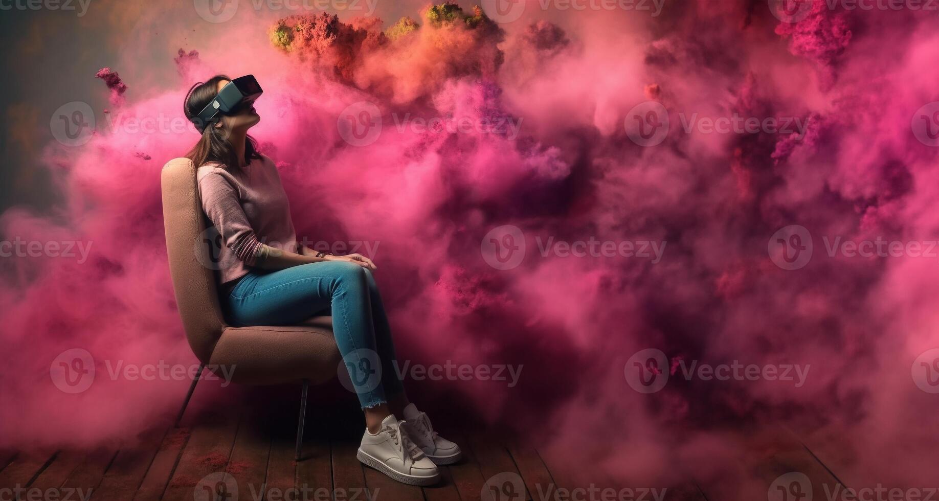 Beautiful happy young woman using virtual reality VR headset in virtual reality glasses, game, future technology concept. . photo