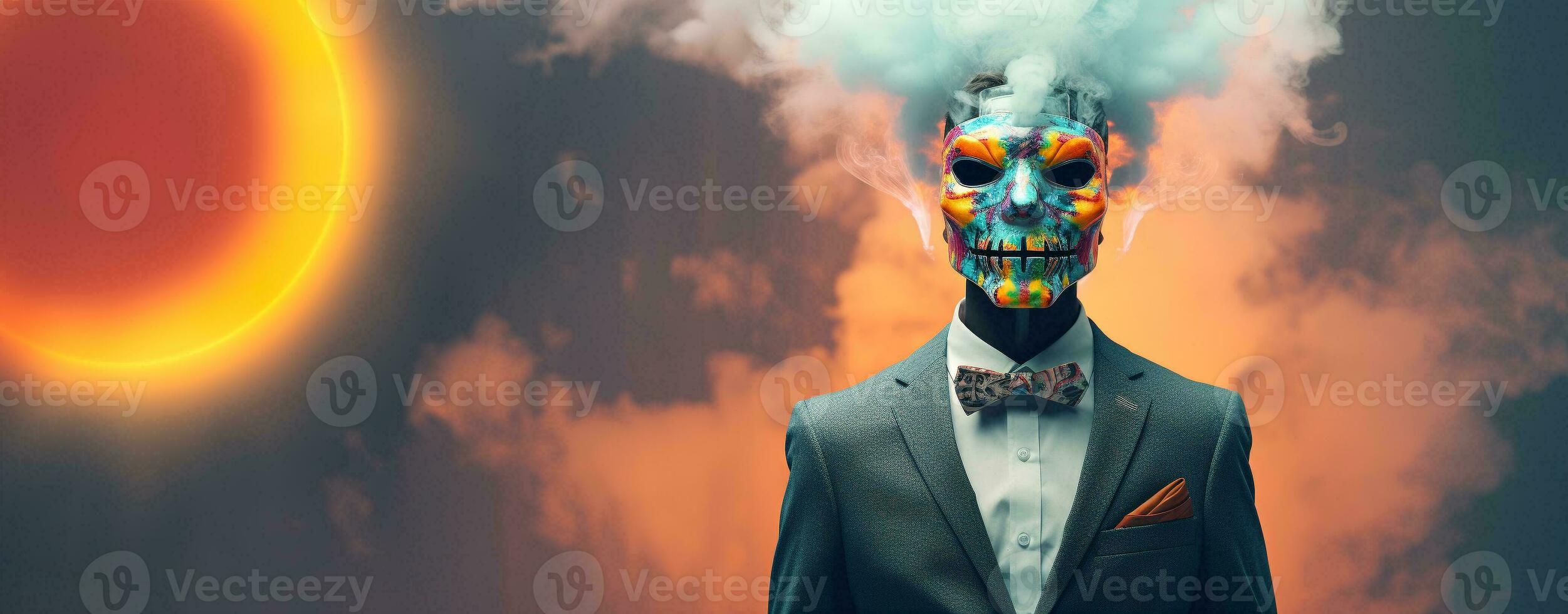 A small robot wearing a suit Standing in motion with thick, colorful smoke, full body, high quality face painting, with space for text. photo