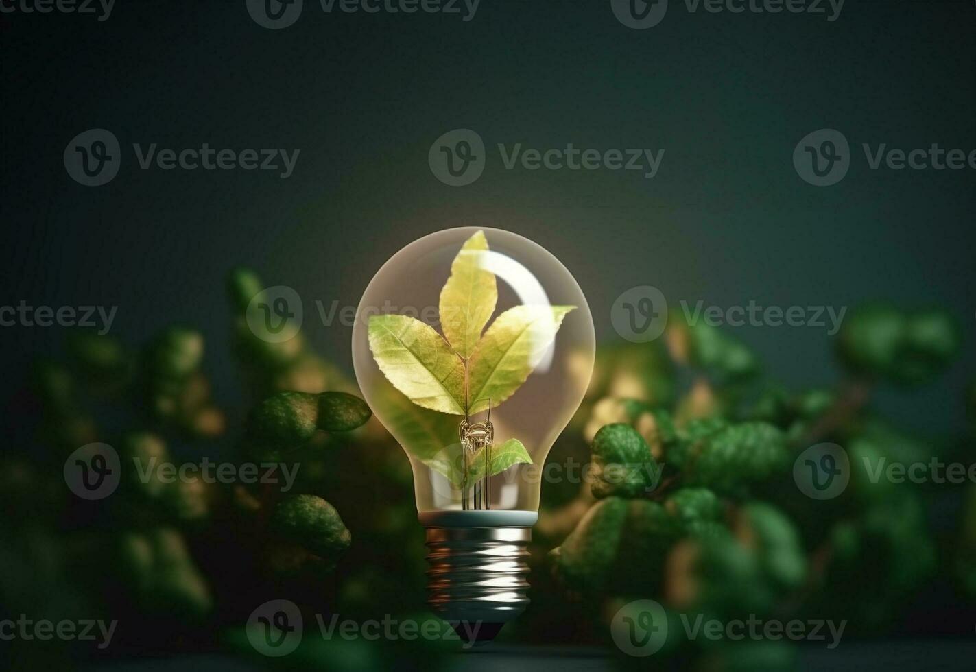 Light bulb on green nature background. AI Generative. photo