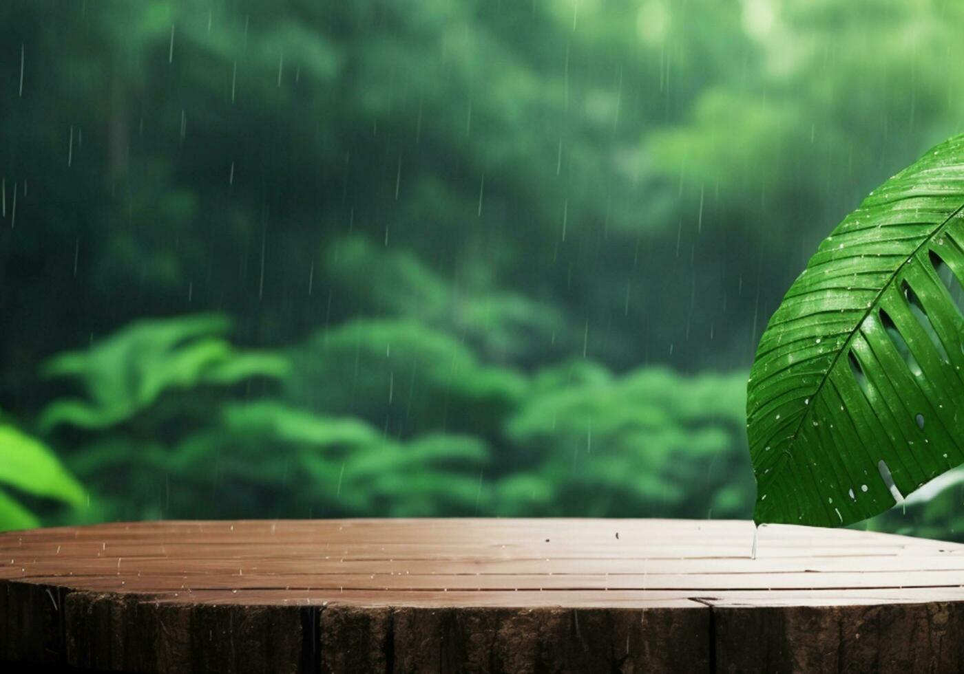 Product podium with monsoon rain forest with wooden disc background photo