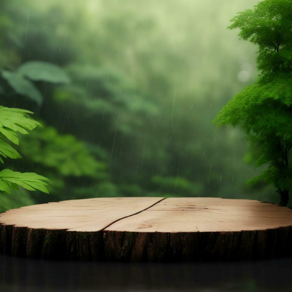Product podium with monsoon rain forest with wooden disc background photo
