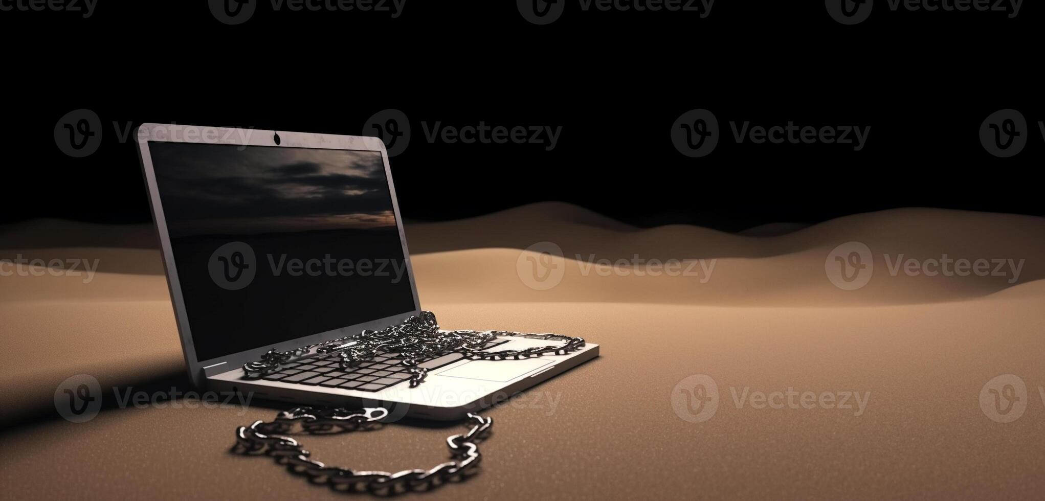 Bank icon. Chained laptop on mountain background. . photo