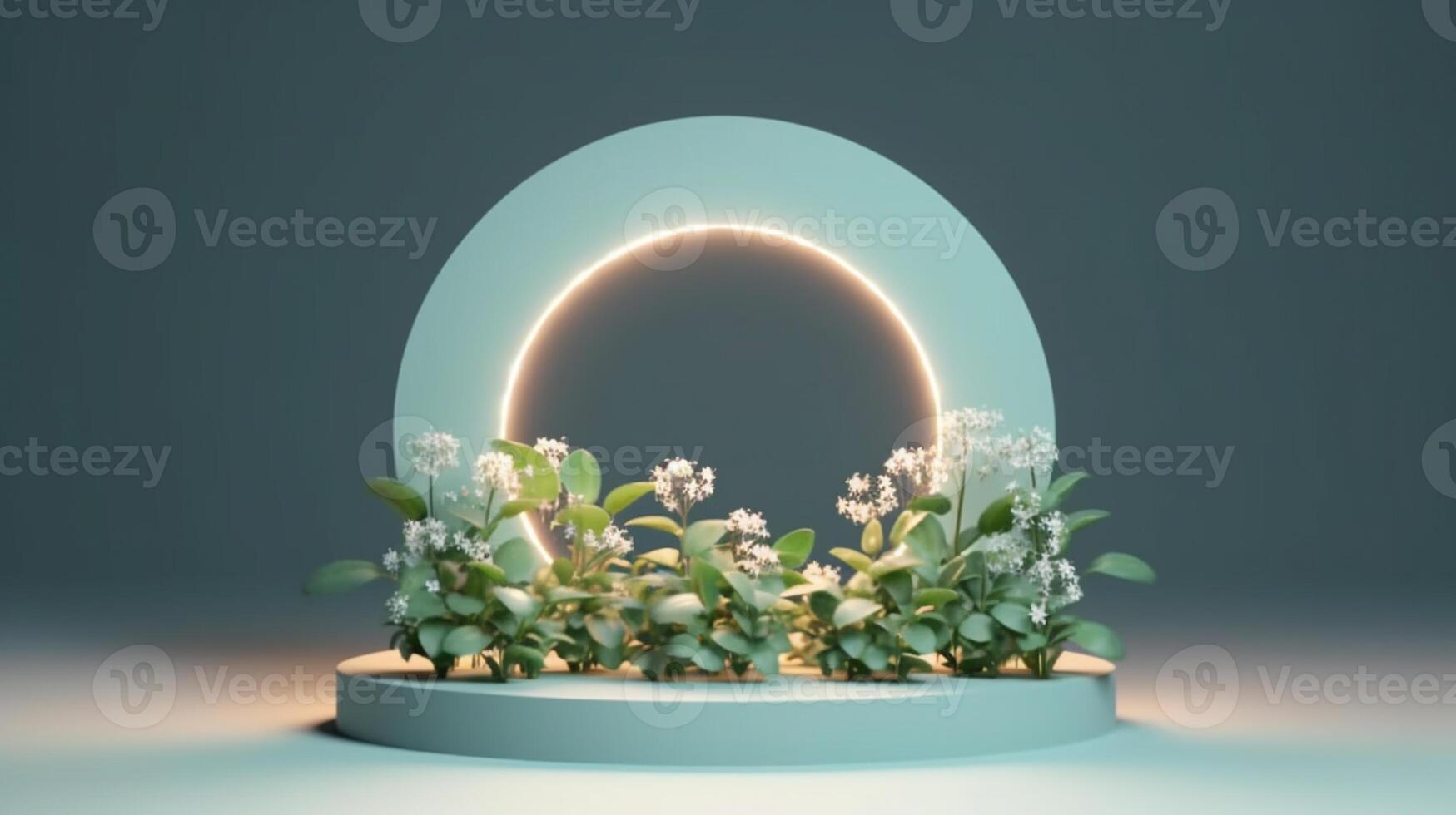 A ring of light blooming in a cluster of small plants, arch of flowers, . photo