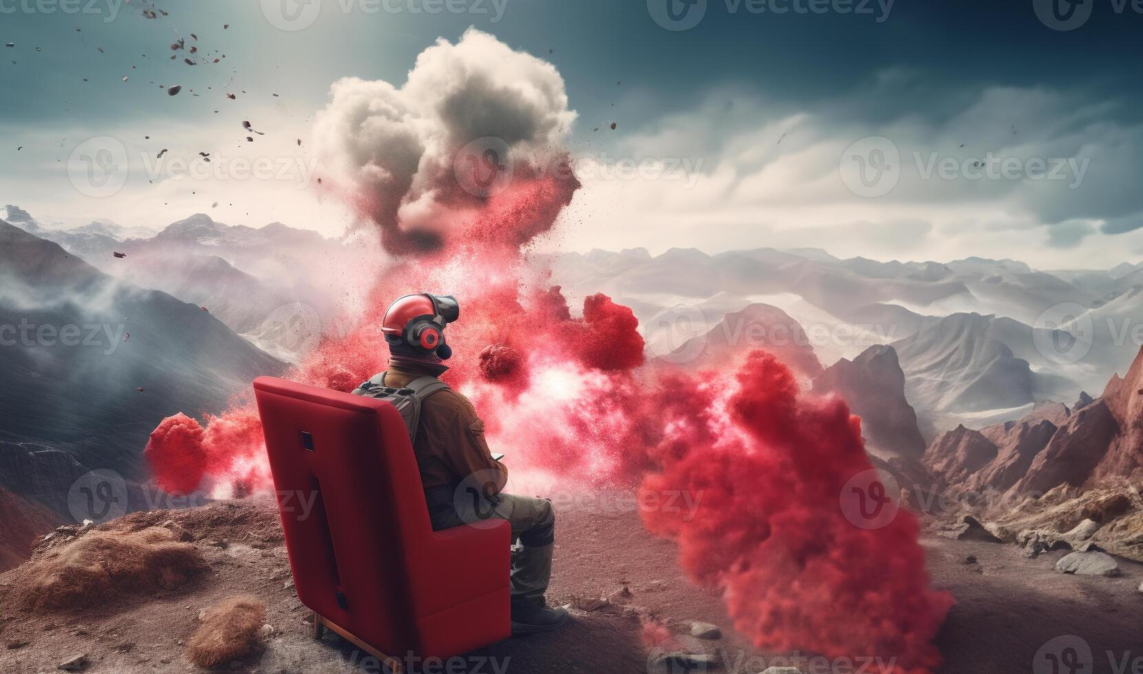 Happy young man using headset to play virtual reality game on sofa, game, future technology concept. . photo