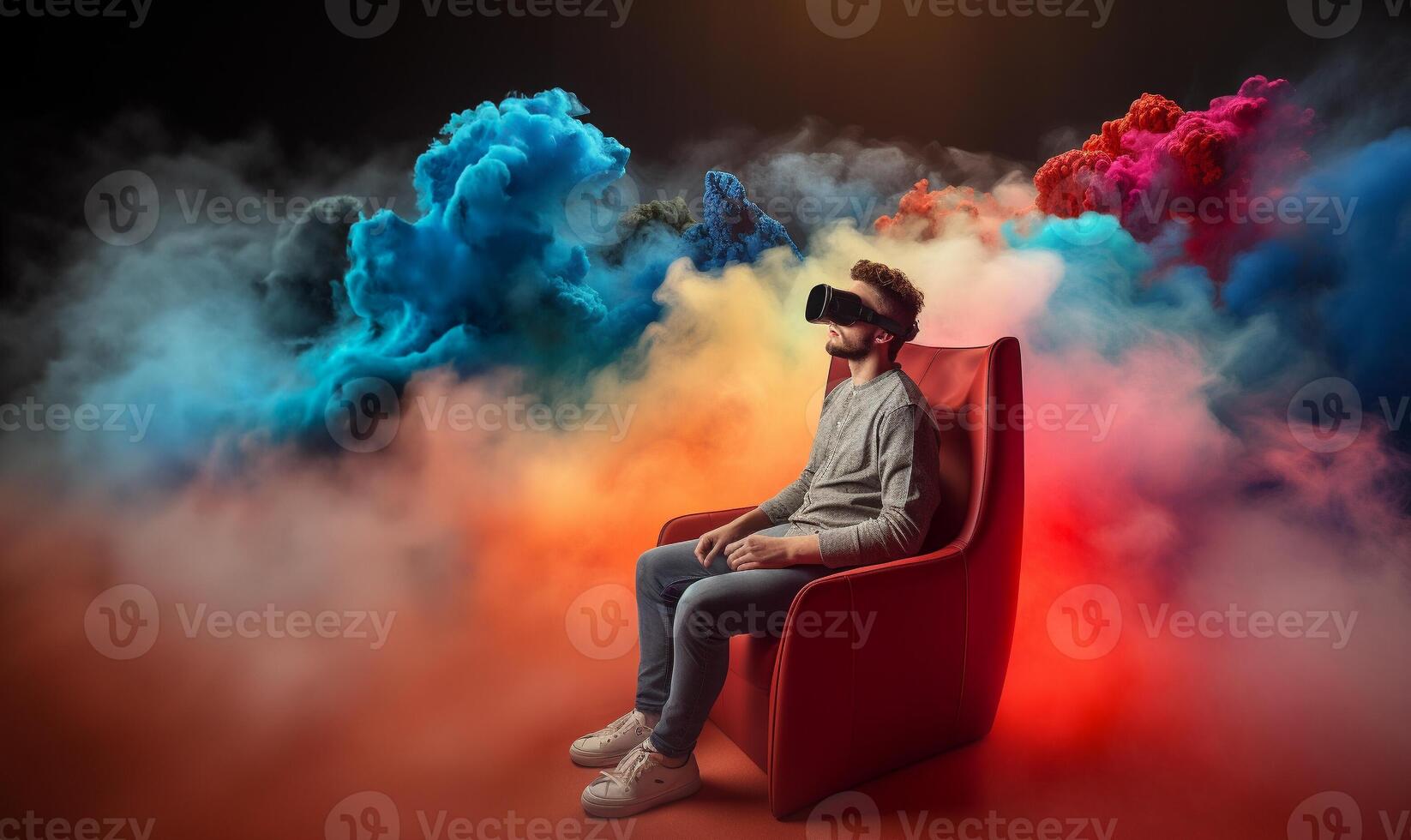 Happy young man using headset to play virtual reality game on sofa, game, future technology concept. . photo
