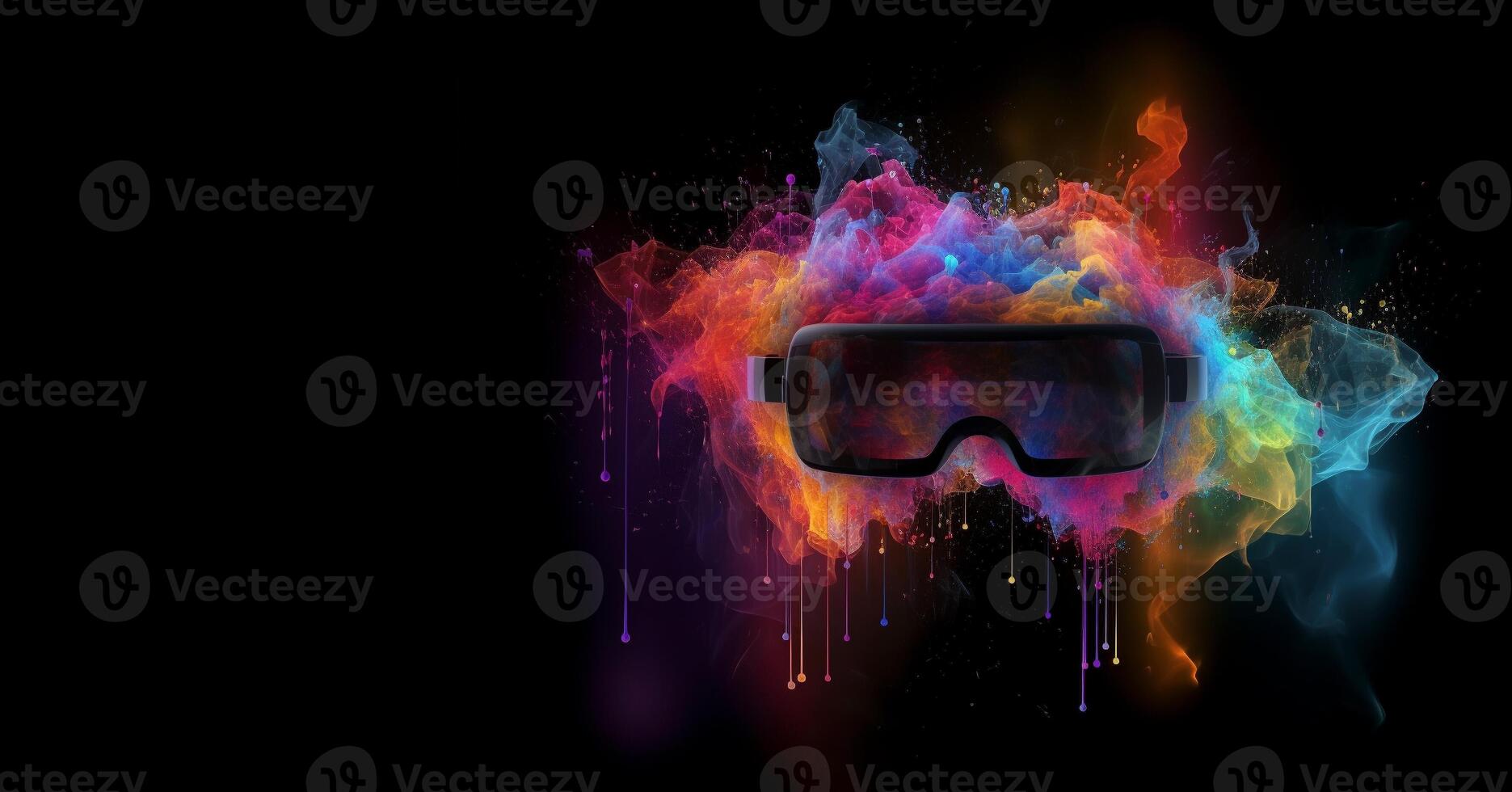 Metaverse, future digital technology for entertainment and games, VR virtual reality glasses, free space for text. Generative AI. photo