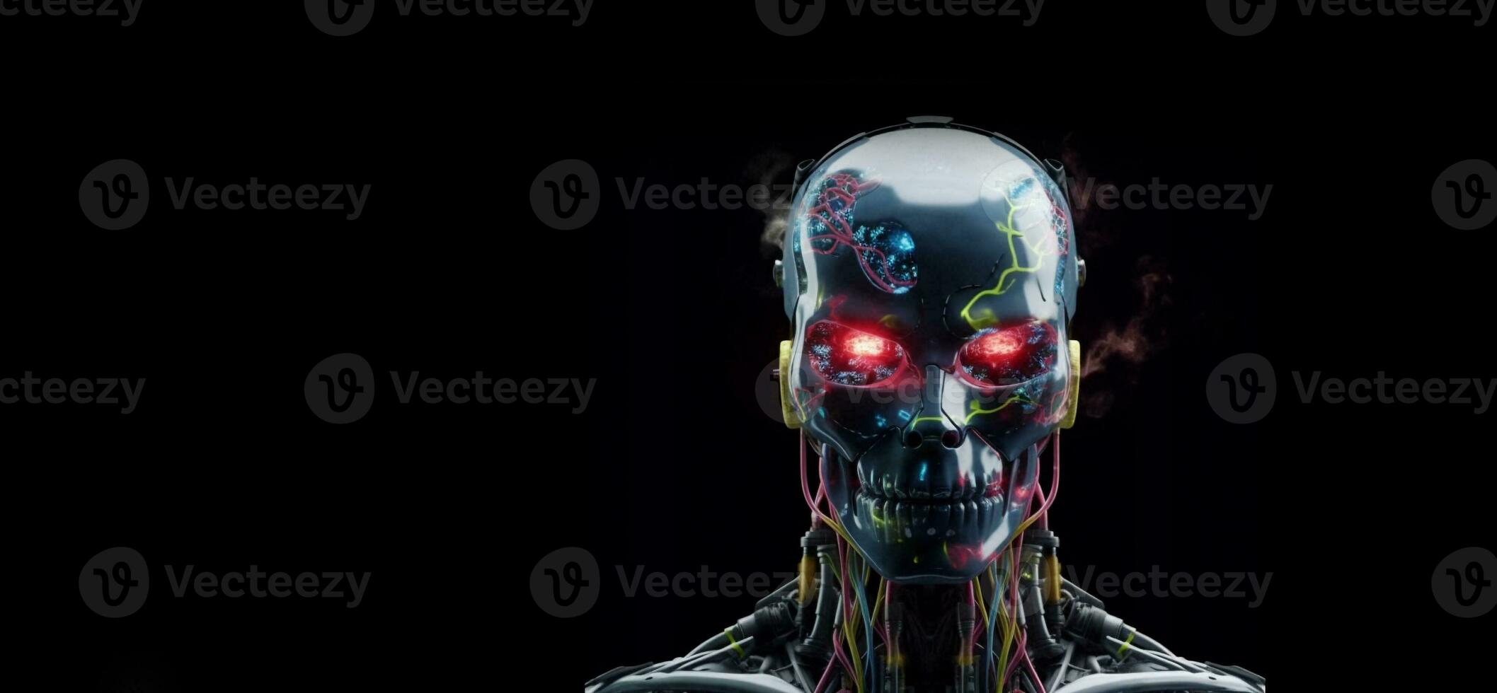 Brain robot stands animated with thick multicolored smoke, full body, high quality face painting, with space for text. photo