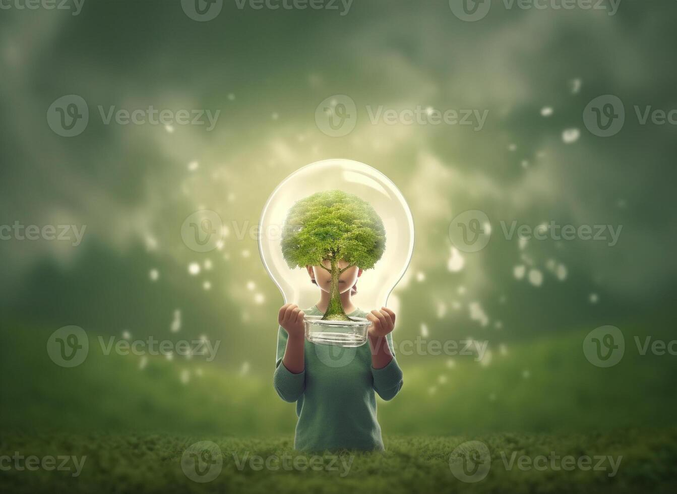 Child holding light bulb on green nature background. AI Generative. photo