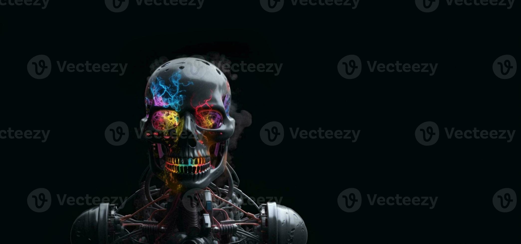 Brain robot stands animated with thick multicolored smoke, full body, high quality face painting, with space for text. photo