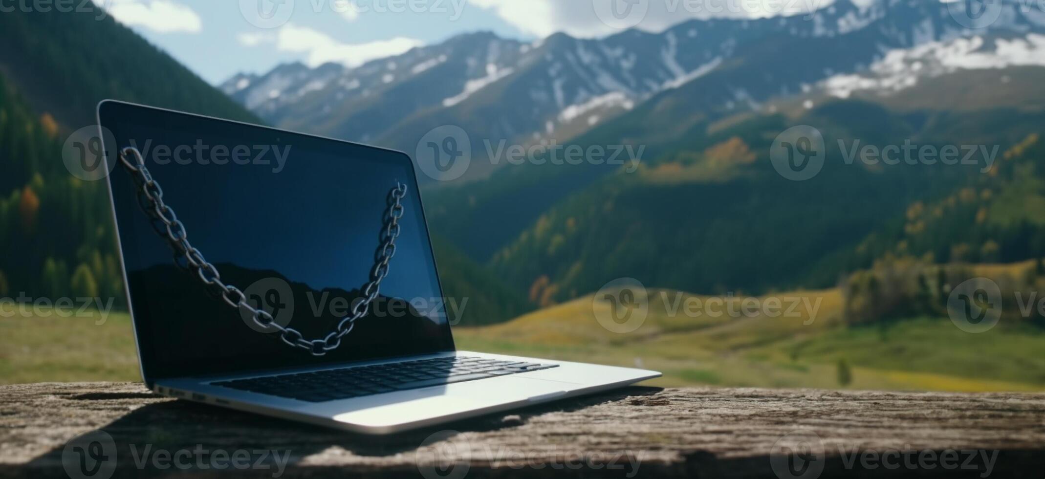 Bank icon. Chained laptop on mountain background. . photo