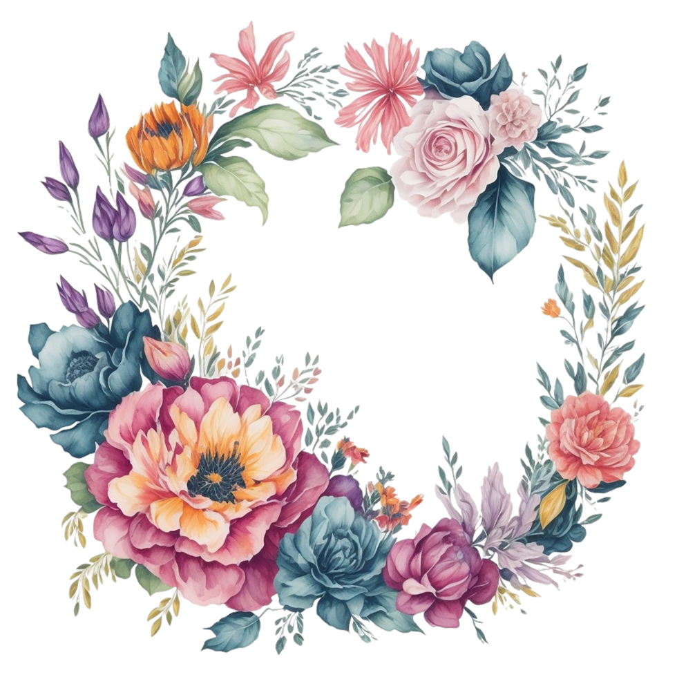 Watercolor floral frame design,Watercolor Floral Flower Design, Watercolor folwer, Wedding Decoration, Boho Round Floral Frame, Watercolor bouquet, Watercolor, Ai Generated png
