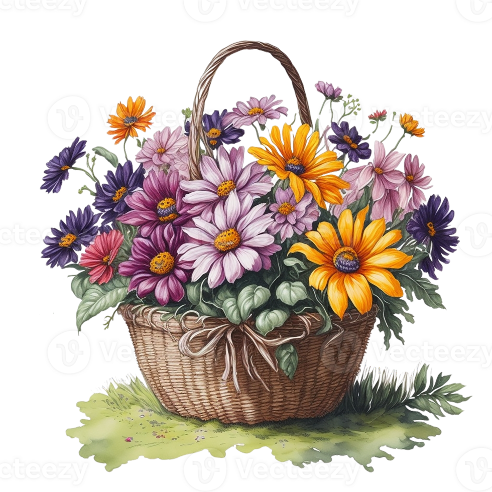 acquerello cestino fiore, acquerello floreale disegno, acquerello fiore, acquerello mazzo fiore, acquerello fiore, acquerello decorazione, botanico, nozze, ai generato png