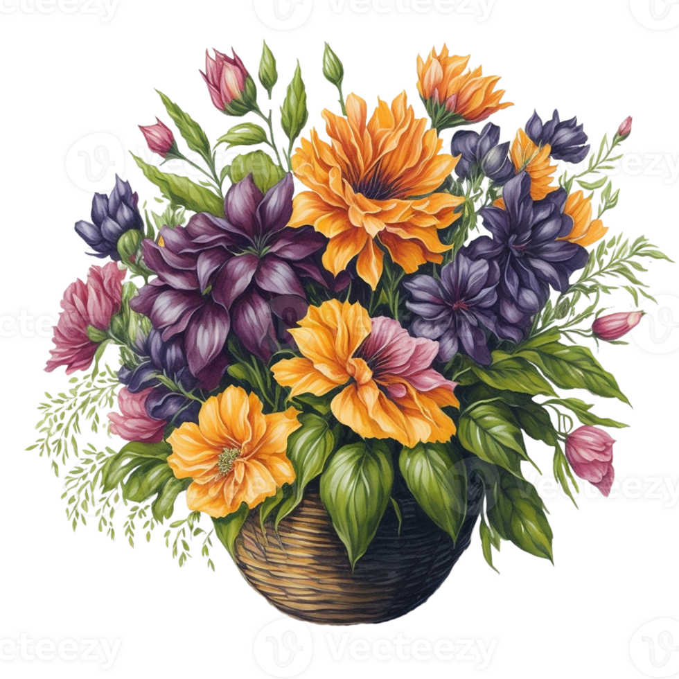 Watercolor basket flower, Watercolor Flower,Bouquet, watercolor bouquet Flower, wedding flower, Watercolor Floral Design, Botanical Flower, Watercolor Decoration, Ai Generated png