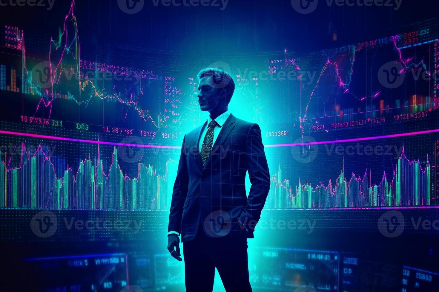 stock market forex chart multicolored blue tones computer and trading network businessman space puppet market. . photo