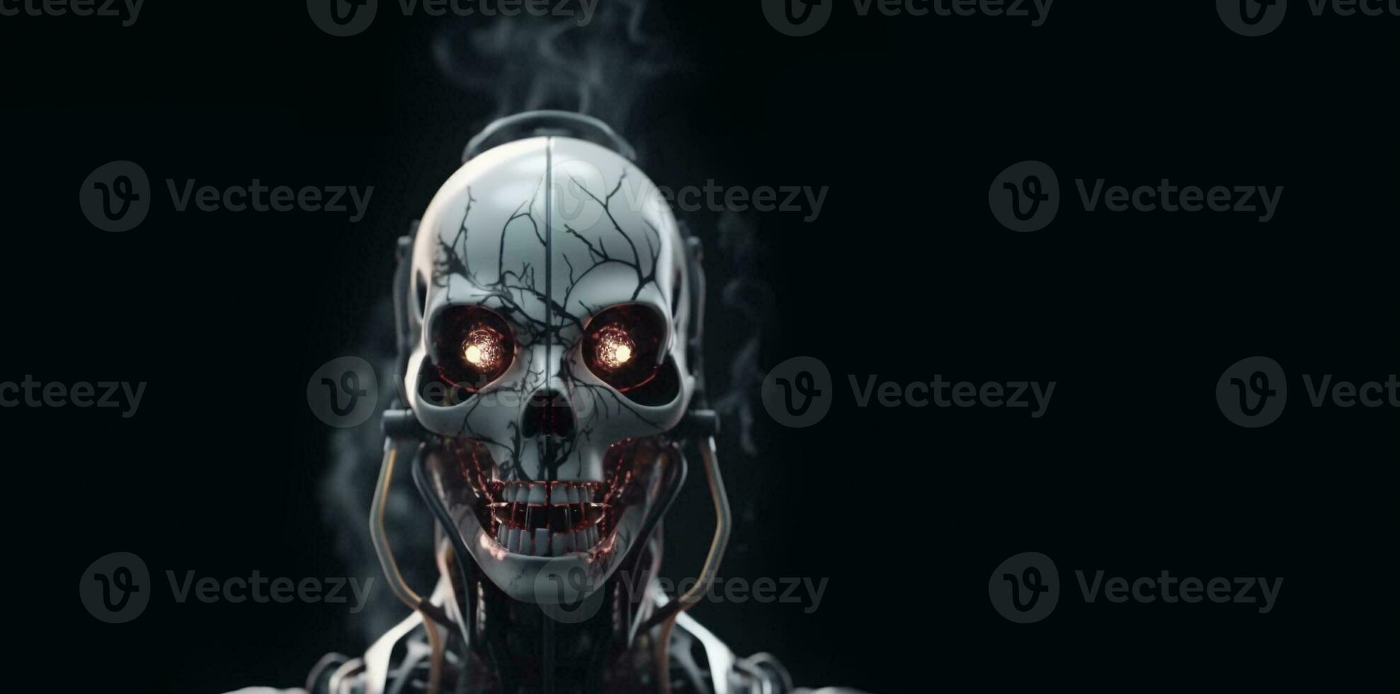 Brain robot stands animated with thick multicolored smoke, full body, high quality face painting, with space for text. photo
