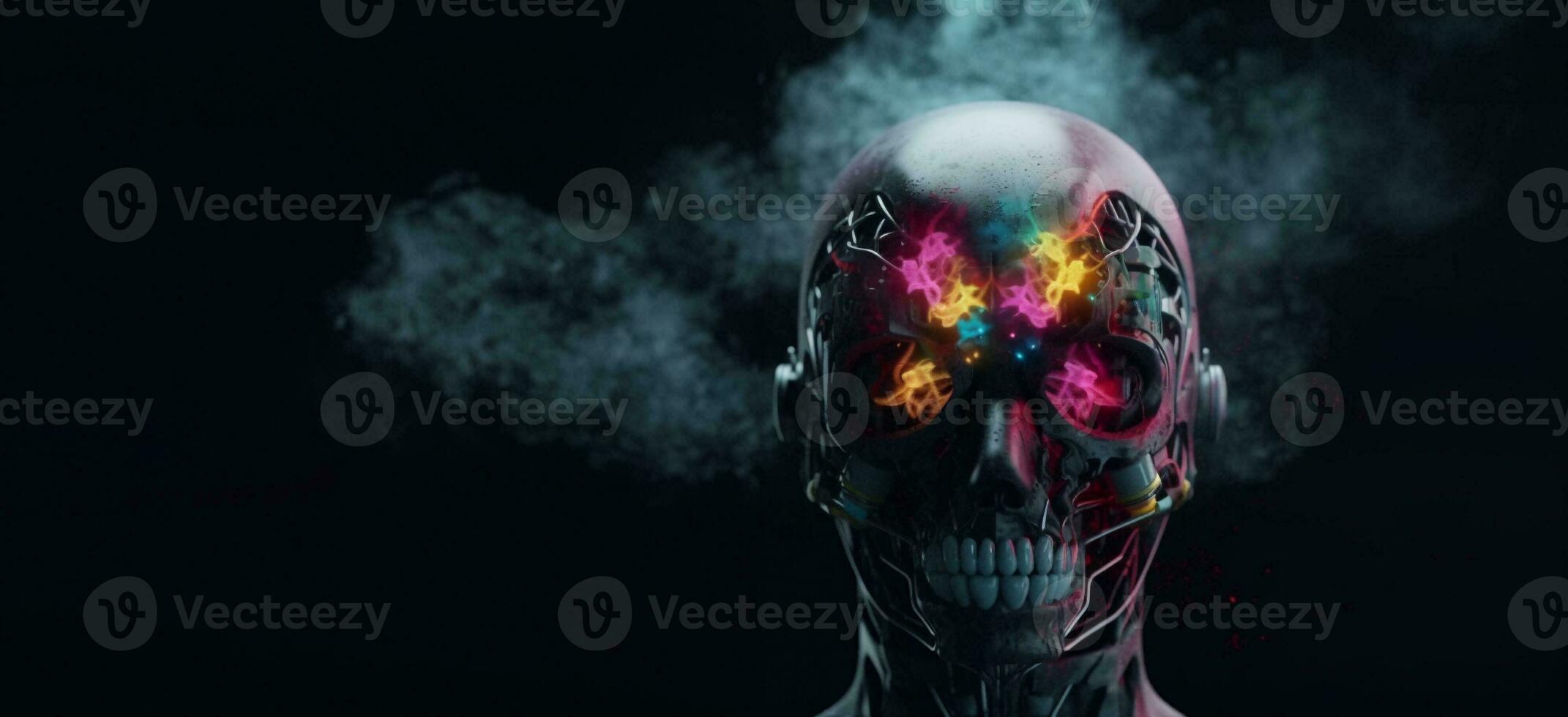 Brain robot stands animated with thick multicolored smoke, full body, high quality face painting, with space for text. photo