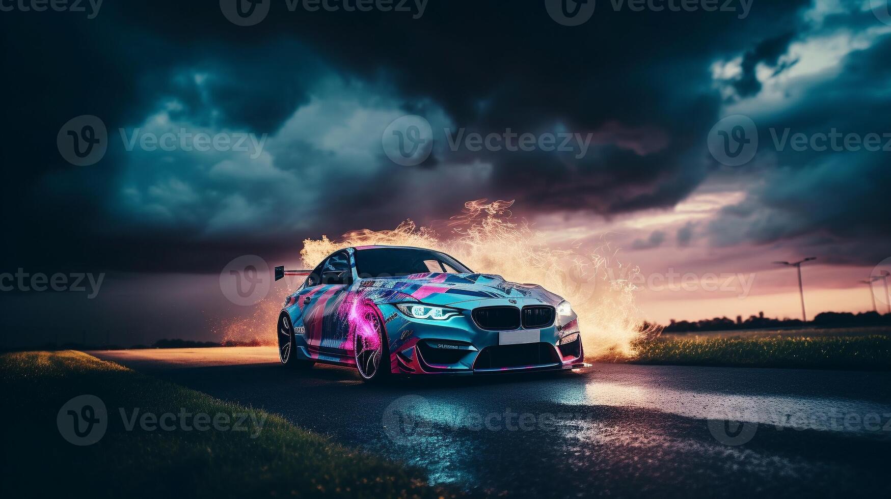 High speed futuristic car at sunset. Generative AI. photo