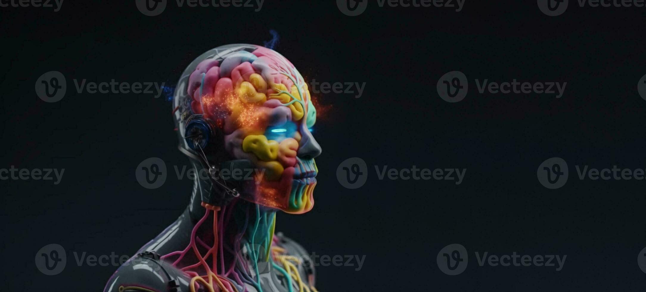 Brain robot stands animated with thick multicolored smoke, full body, high quality face painting, with space for text. photo