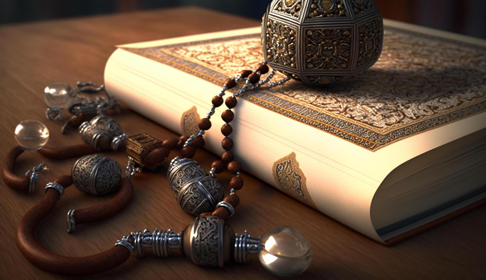 The Holy Al Quran with written Arabic calligraphy meaning of Al Quran and rosary beads or tasbih photo