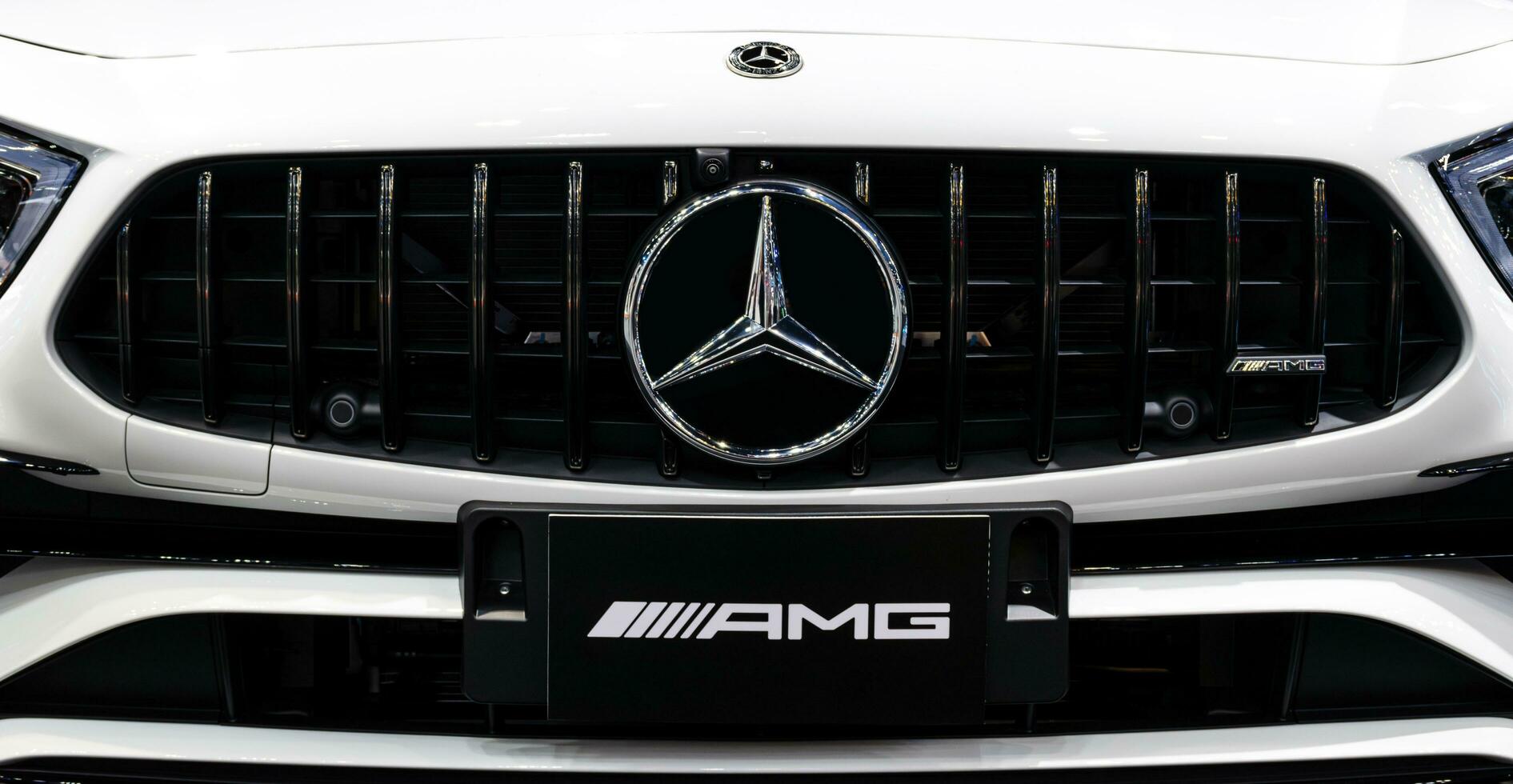 Nonthaburi Thailand 6 December 2022 Logo Mercedes Benz on grille and hood photo