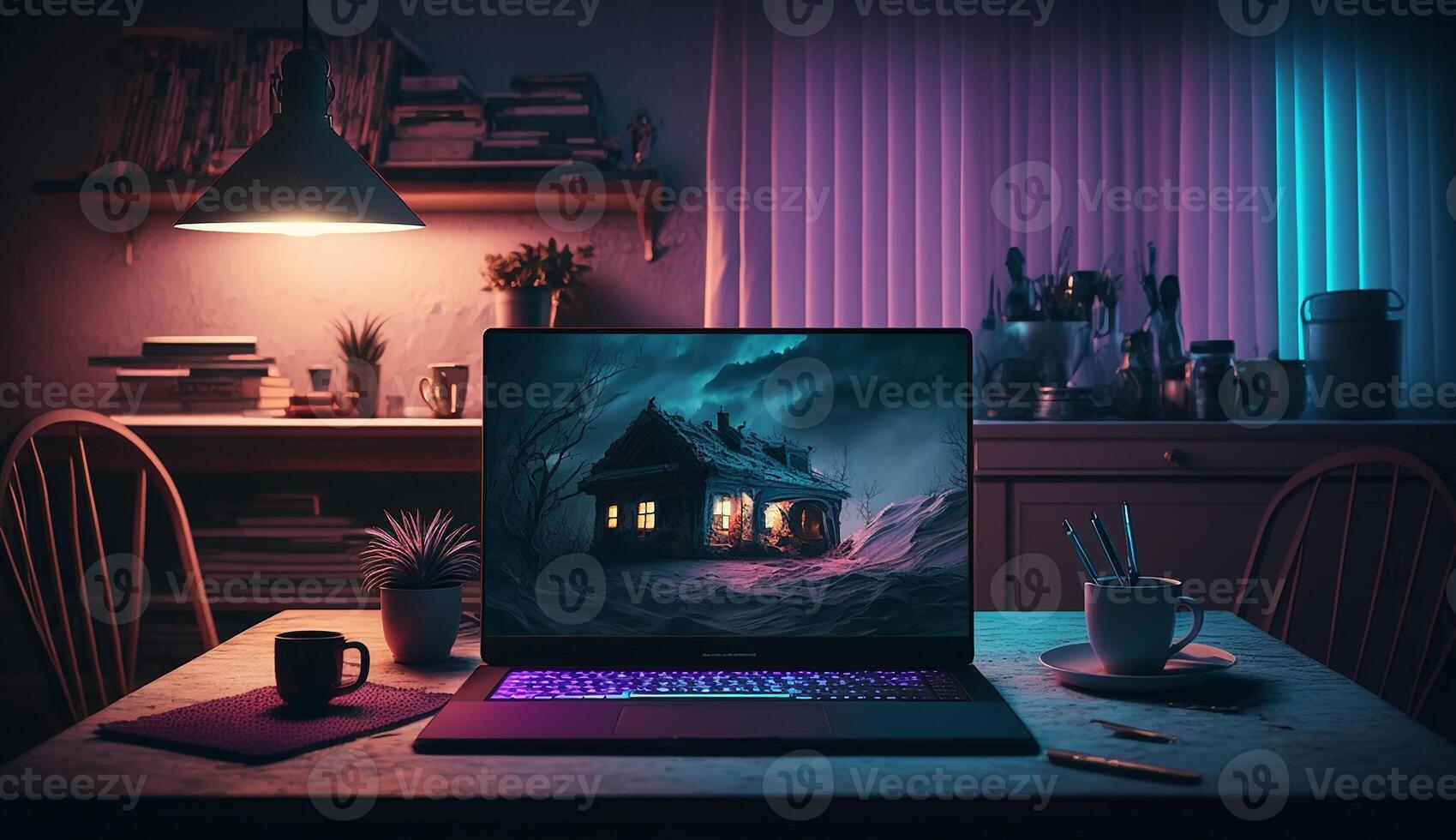 A home office setup with laptop on desk, dark room with neon lights photo
