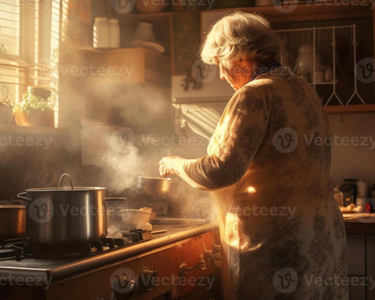 Old women cooking in kitchen, morning sun beam light, Generative AI. photo