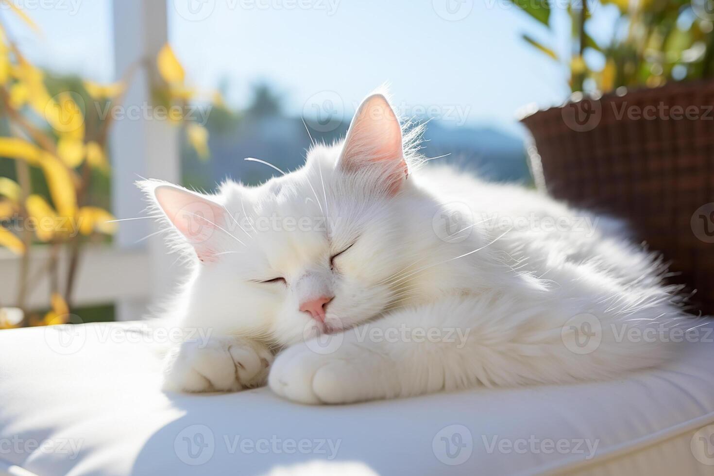 cute white cat sleeping peaceful on soft cushion, . photo