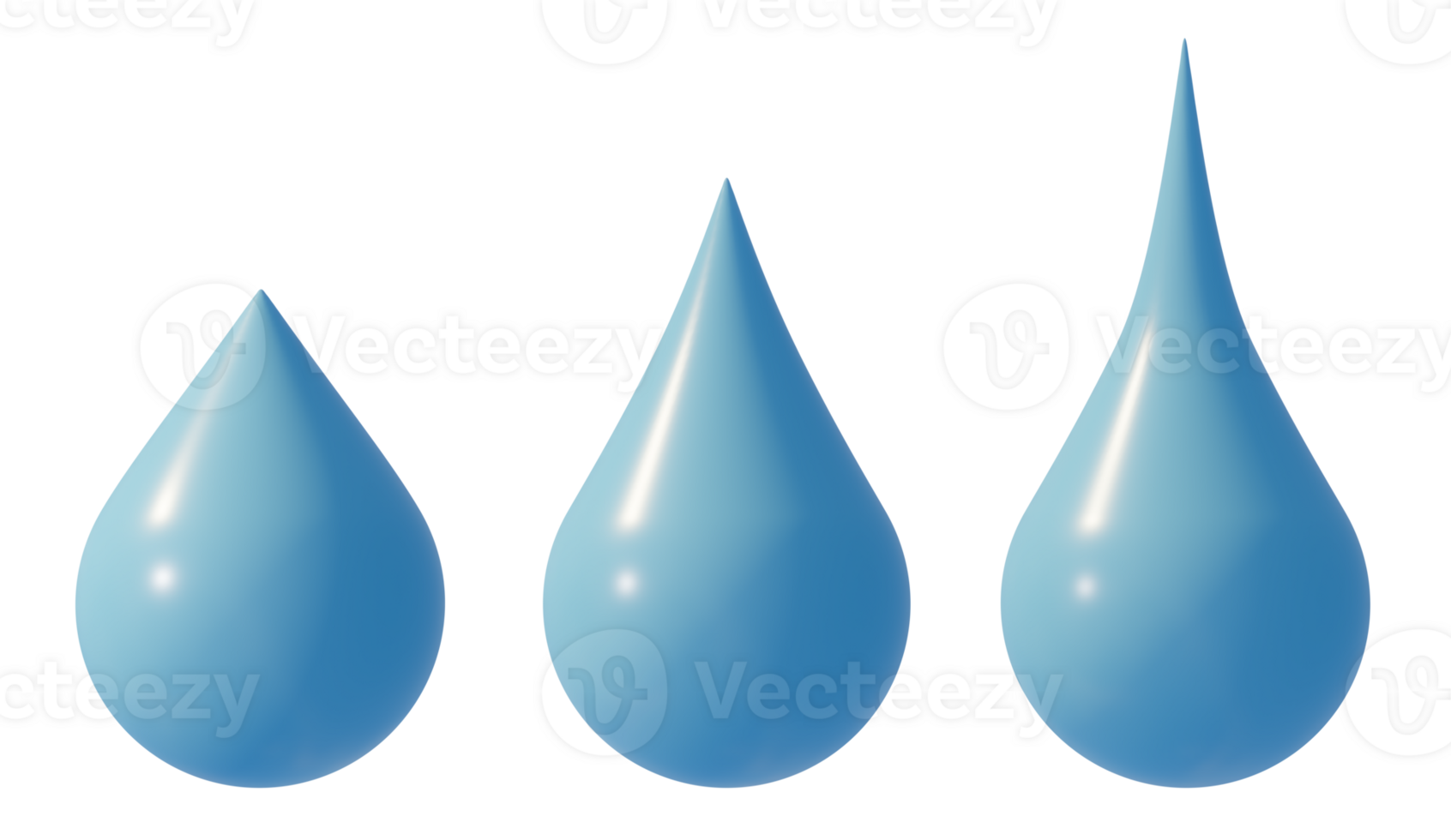 Blue 3D water drops on transparent background. Cut out graphic design elements. Aqua drop, liquid. Cartoon style droplet. 3D rendering. png