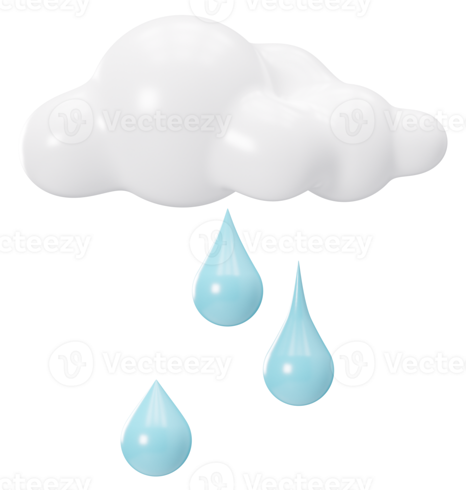 3D cloud and rain drops isolated on white background. Cut out design element. Cute cloud with water droplets, cartoon style. 3D render png