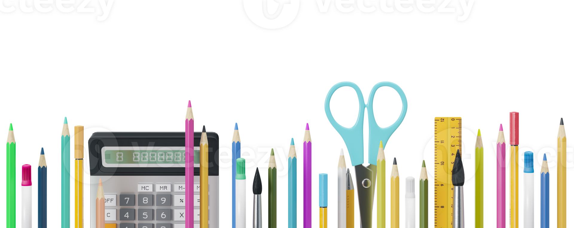Colorful school stationery, supplies on transparent background. PNG. Bottom border. Applicable for posters, announcements, advertising. Education, daycare, preschool. Back to school shopping, sale. 3D png