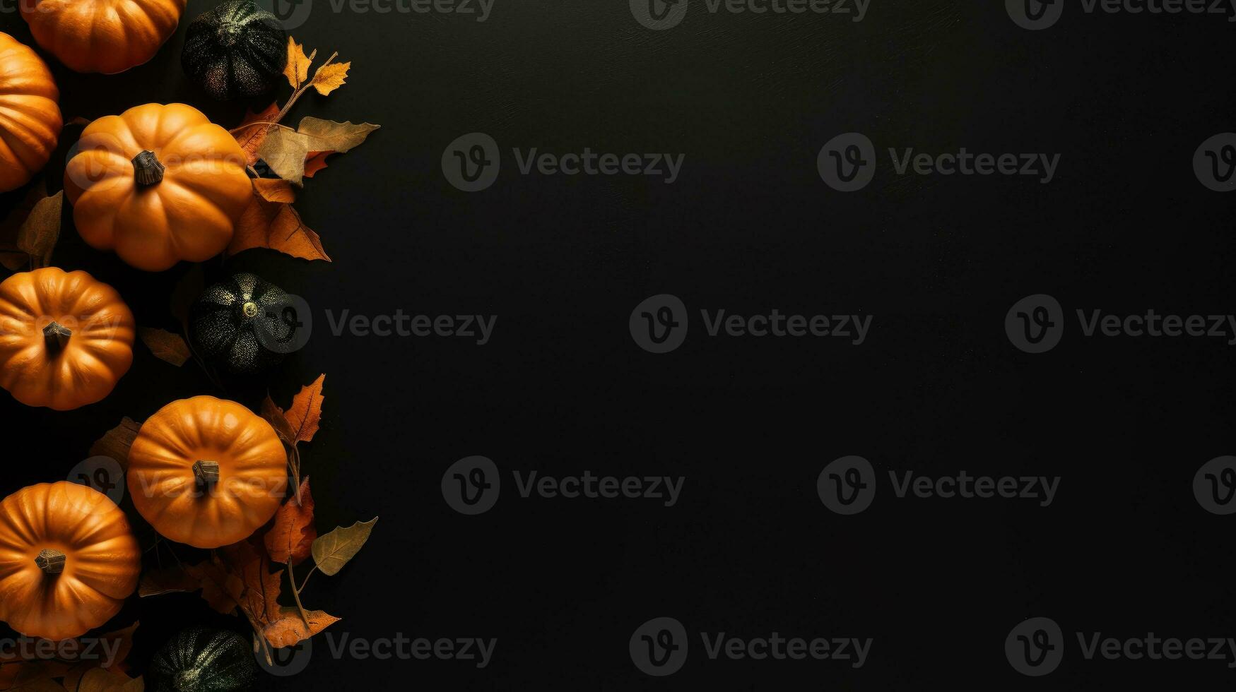 Pumpkin and leaves on a black background. Halloween concept. Copy space. Generative AI photo