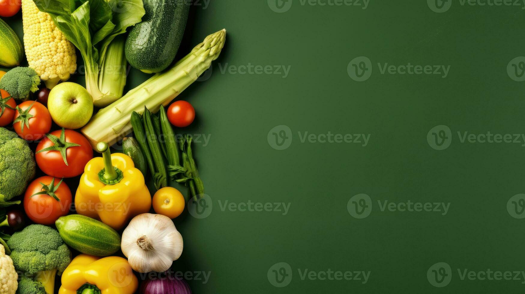 Tomatoes, corn, broccoli, onions, garlic and peppers on a green background. The concept of vegetarianism. Generative AI photo