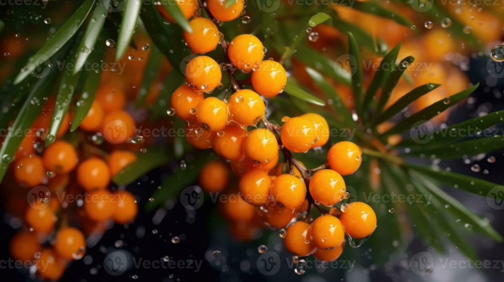Close-up of a brush of sea buckthorn with splashes.  Berry background. Generative AI photo