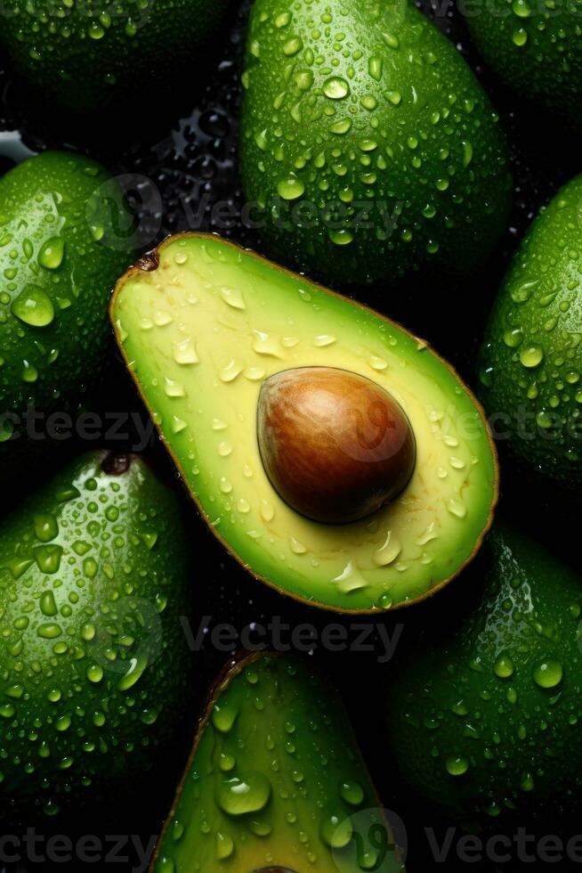 Background of avocado in whole view with splashes of water. Generative AI photo