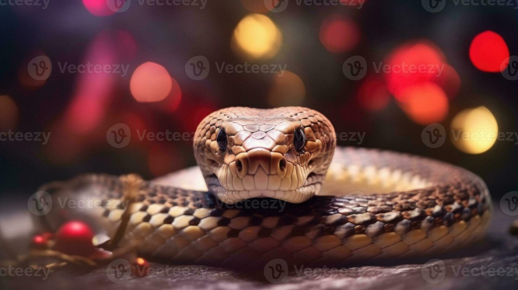 Snake on the background of a red Christmas background. Symbol of 2025. Chinese New Year. Generative AI photo