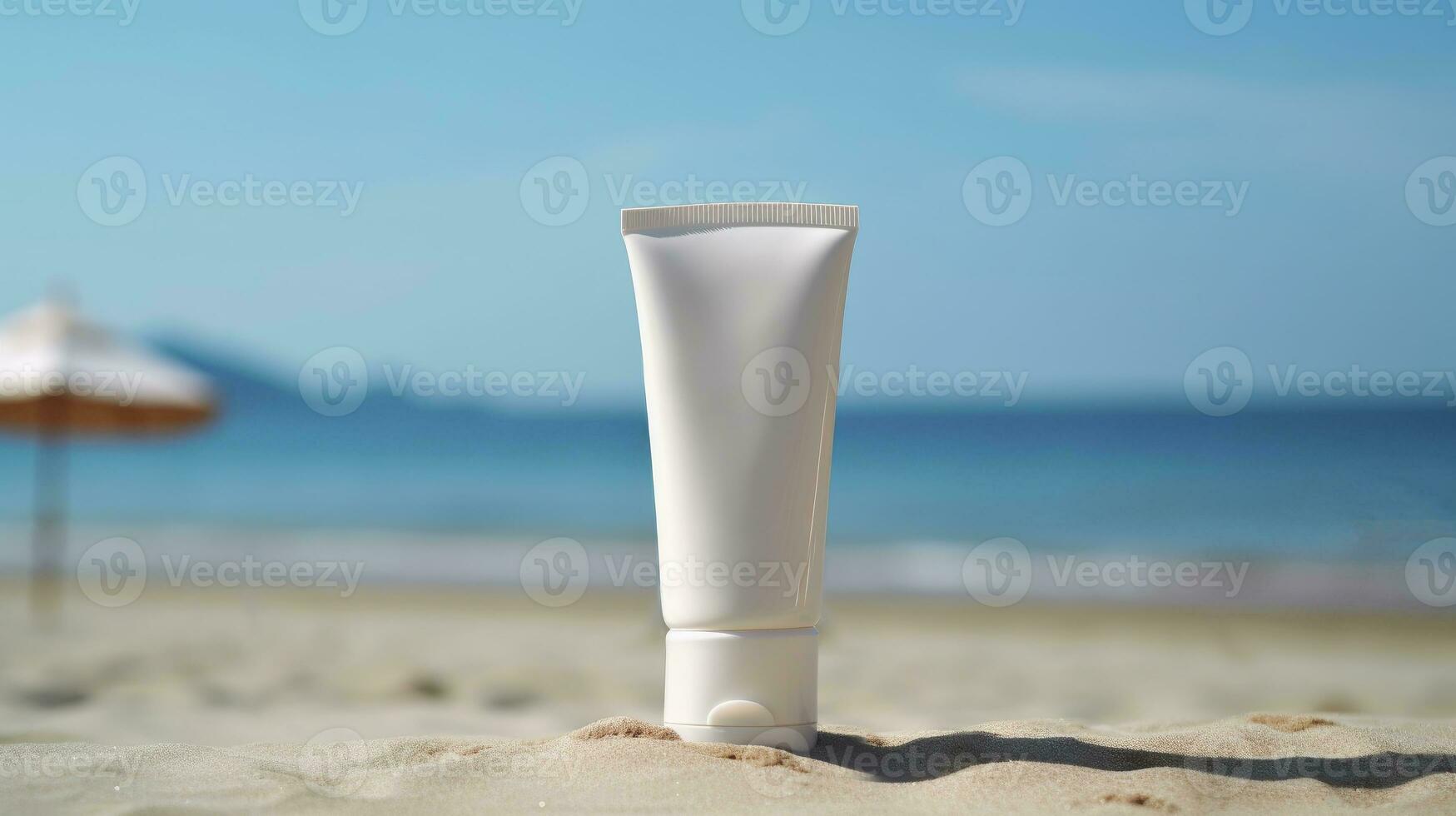 White tube with face cream or body lotion on sea background. Cosmetics concept with spf protection. . Generative AI photo
