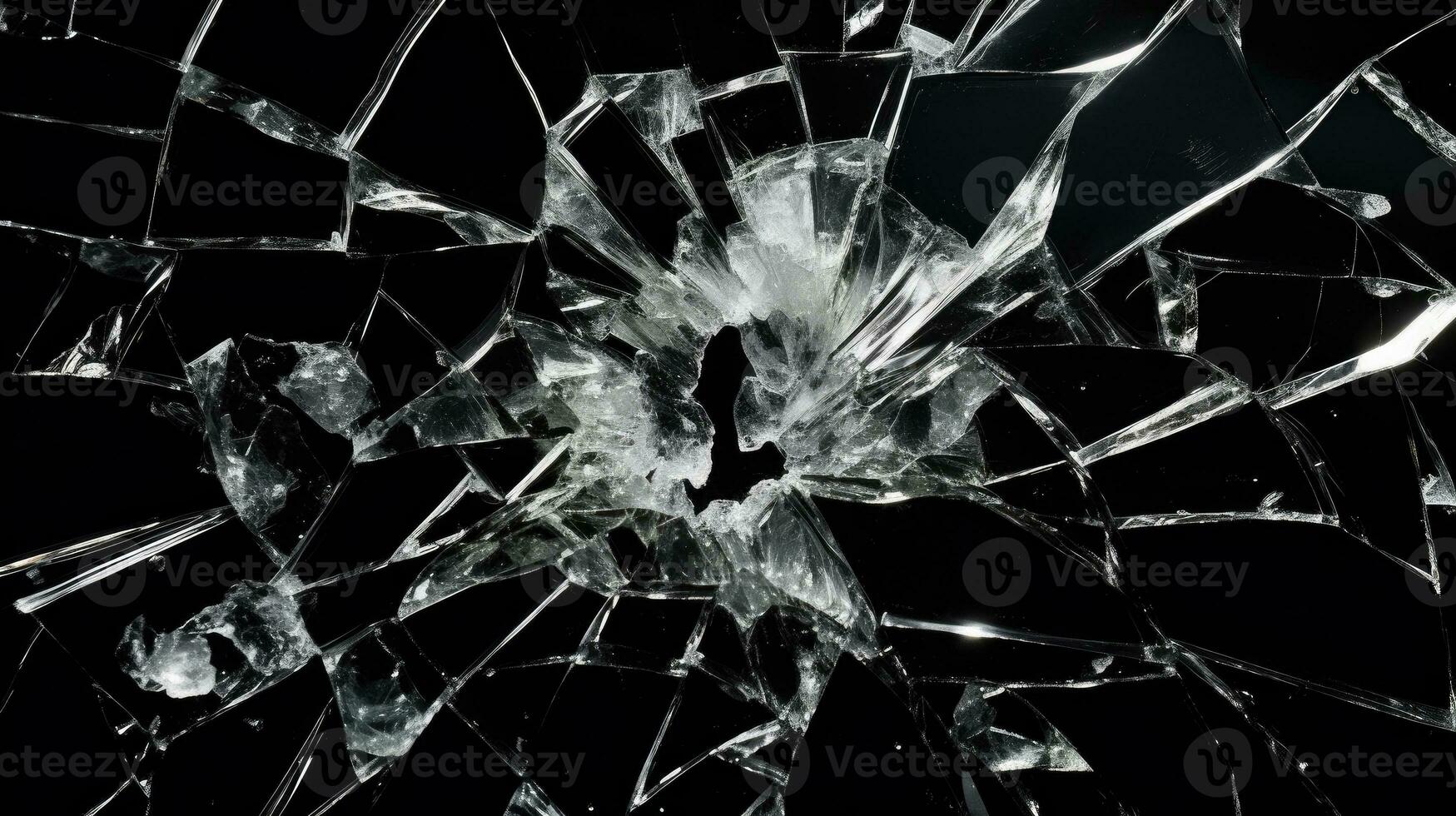 Broken glass pile pieces texture and background, in black light , cracked window effect. Generative AI photo