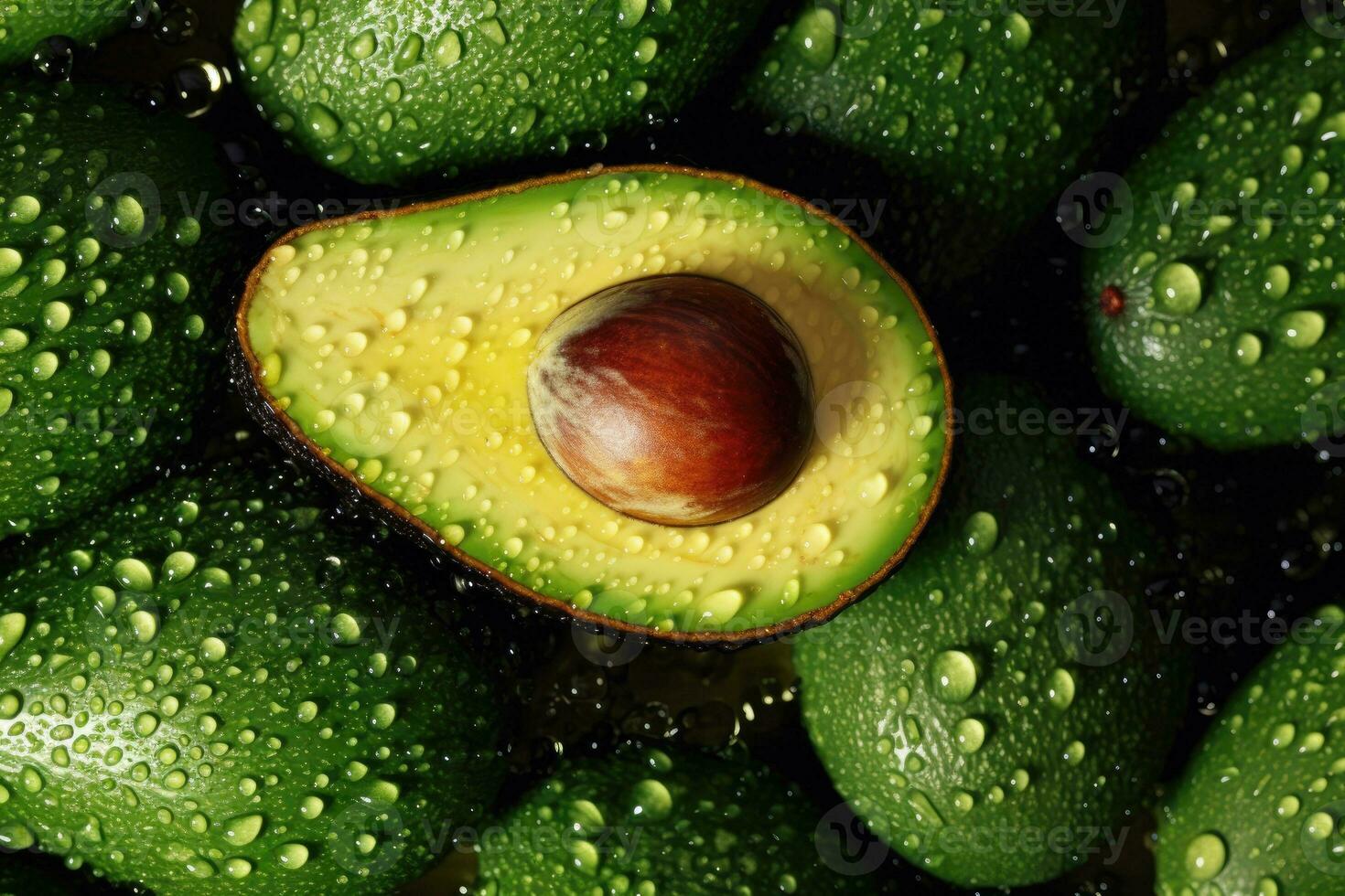 Background of avocado in whole view with splashes of water. Generative AI photo
