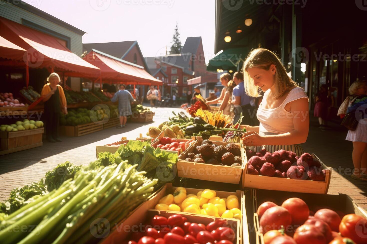 un comprador explorador un bullicioso agricultores mercado, rodeado por Fresco Produce y local artesanal bienes. generativo ai foto